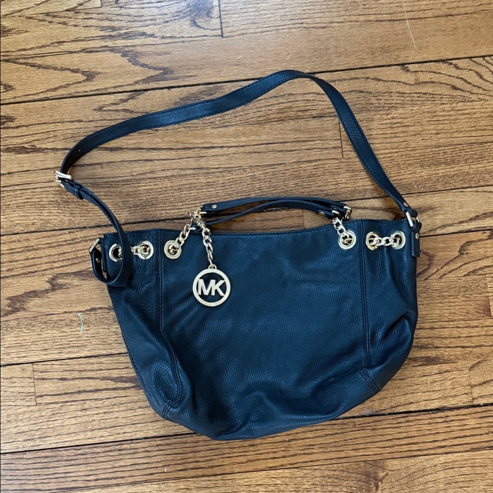 Michael Kors Black Pebbled Leather Shoulder Bag with Gold MK Charm